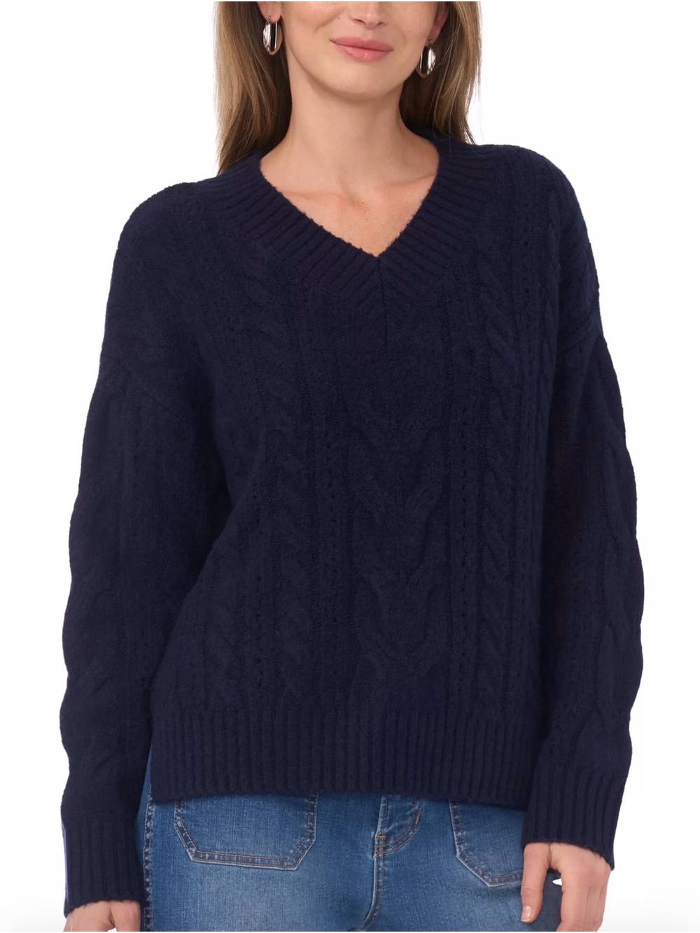 Vince Camuto Navy Cable-Knit V-Neck Relaxed Sweater Size XL NWT